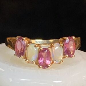Vintage 10K Gold Opal + Amethyst 5-Stone Ring Sz 7